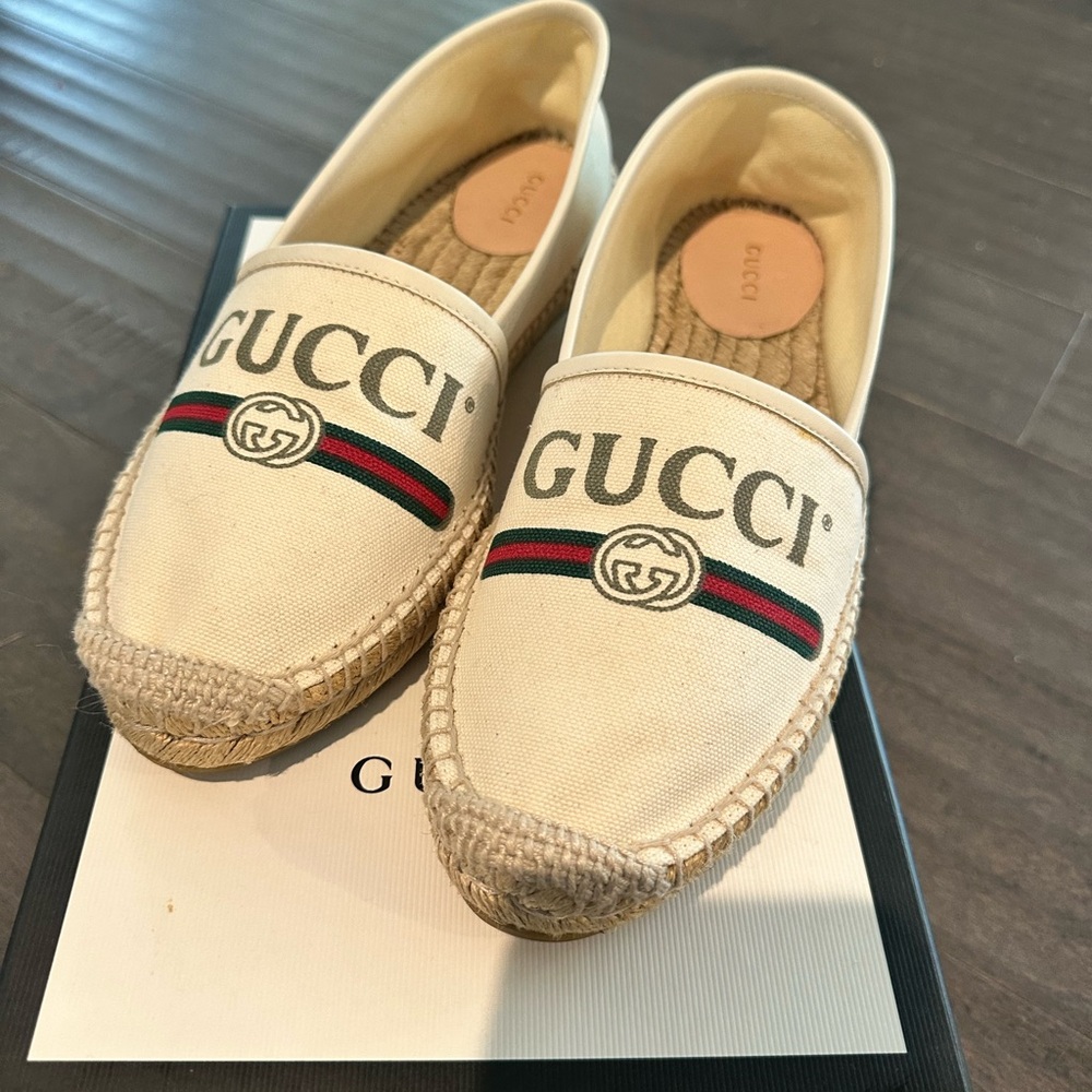 Gucci Women Off-White Logo Printed Canvas Leather Trimmed Espadrilles Flats
